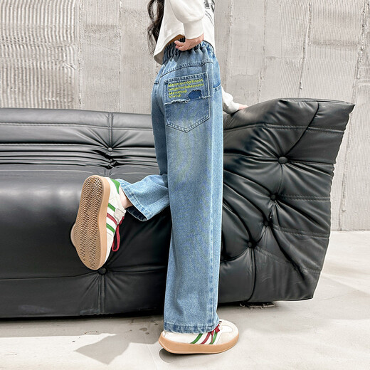 
Wooden wooden house girls' pants children's casual pants jeans spring and autumn clothing medium and large children's loose straight wide-leg pants blue 160