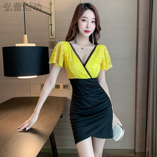 Jie Yintong Deep V Sexy Women's Nightclub Dress Slim и Slim Hip короткая юбка ночная сцена.