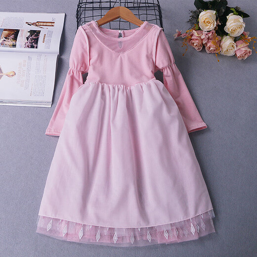 Girls long-sleeved dress spring and autumn Korean style ice and snow dress new Princess Elsa children's performance costume party forest style long-sleeved dress with bow veil 110