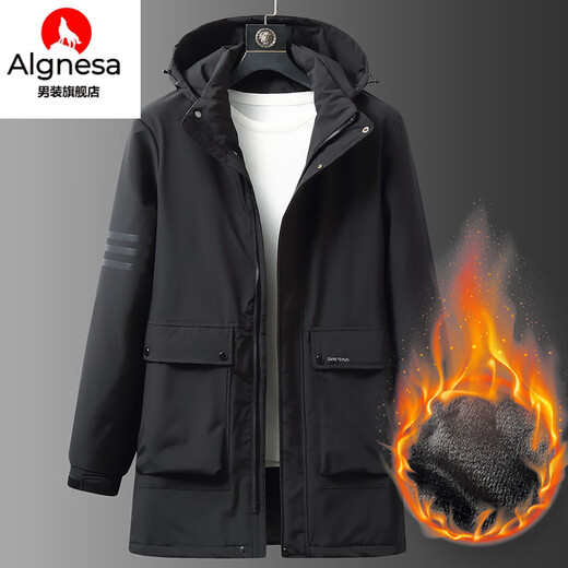 AIGNESA plus size plus size mid-length windbreaker jacket for fat men autumn and winter velvet workwear casual jacket 2336-black velvet XL 120-140Jin Jin equals 0.5 kg