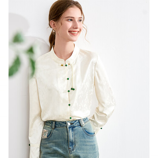 Betu Women's Autumn New Oriental Simple Luxury Style Chinese Disc Button Dark Pattern Jacquard Shirt Women 2408T45 Apricot L