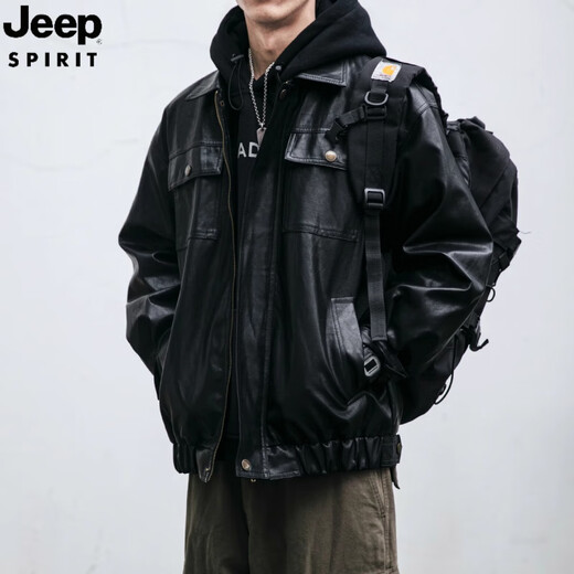 JEEP SPIRIT Jeep leather jacket men's spring and autumn trendy brand loose and handsome men's versatile pilot motorcycle jacket PU949 black M 100-110Jin Jin is equal to 0.5 kg