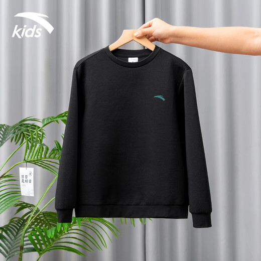 Anta children's fleece sweatshirt for men and women, middle and large children 25 autumn and winter new style youth loose cotton skin-friendly long-sleeved top black early autumn hot sale 160 cm