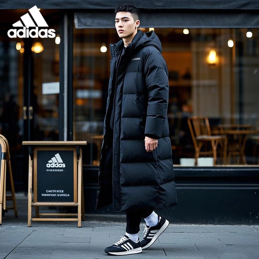 Adidas long down jacket for men and women, duck down hooded warm, windproof and anti-diamond velvet trendy jacket L size