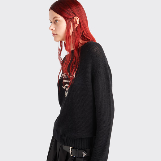PRADA/Prada Gift Women's Logo Decorated Cashmere and Wool Blend Crew Neck Sweater Black 36