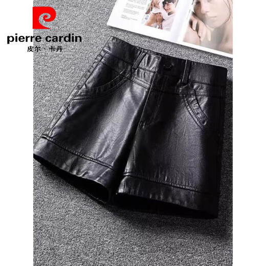 Pierre Cardin 2025 Spring and Autumn New Korean Style Leather Shorts Women's Straight Outer Wear High Waist Slim Casual Small Leather Pants Fashion Boot Pants 1826# Black (No Velvet) L