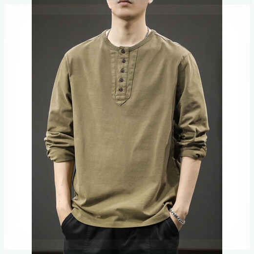 2025 Neue Herren Spring Trendy Marke Retro Henry Hals Langarmed T-Shirt Casual Sweatshirt Neues chinesisches dünnes Basishemdkohlkohlegrau XL Geeignetes Gewicht 145-160jin [Jin ist 0,5 kg]