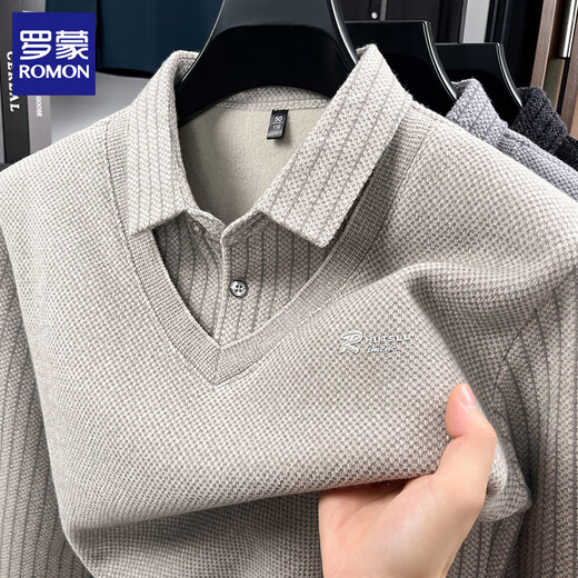ROMON men's fake two-piece fleece sweater 2025 autumn and winter new warm imitation ferret velvet bottoming sweater men's top 222 camel XL (175) (recommended weight 125-140Jin Jin equals 0.5 kg)