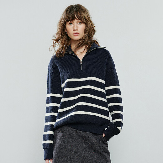 Chuyu Sweater Women's 2025 Winter New Striped Lapel Thick Warm Knitted Top Navy Blue White Striped L