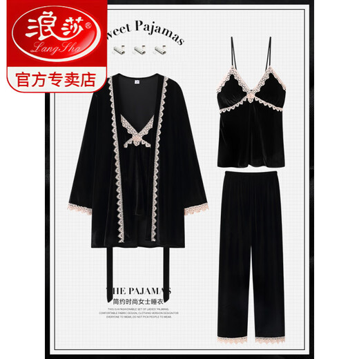 LangSha autumn and winter new gold velvet couple pajamas, feminine three-piece set, men's long-sleeved Korean style home clothes MD3701 black couple M, women get men's XL