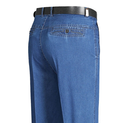 中老年弹力男士牛仔裤春秋季厚款中年人高腰宽松深档男士休闲长裤 深蓝-【秋冬厚款】 36 码【2尺9腰围】