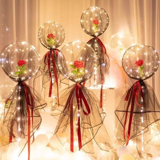 Magic Bean Shenghuo Chinese Valentine's Day Internet Celebrity Rose Balloon Glowing Balloon Proposal Indoor Scene Layout Bobo Ball Birthday Confession Romance Pink Rose Petals with Gauze Style 6 Sets Free Pump + Battery