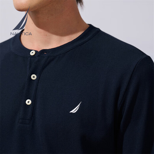 NAUTICA shopping mall same style men's 25 autumn and winter new cotton blended waffle henley collar long-sleeved T-shirt for men TO5303 Navy 4NV L