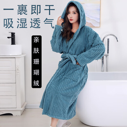 Coral velvet bathrobe is soft and thickened. Adult couple's home pajamas for men and women can wear bathrobes with straps and long-sleeved bath skirts. Cream rice 25*60cm hair drying cap