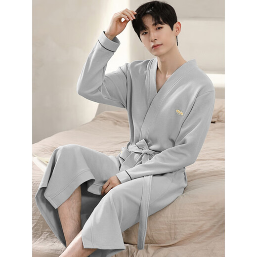 
Langsha nightgown men's spring and autumn pure cotton medium-length bathrobe 2025 new casual large-size thin youth yukata LJ16822 M [weight 100-120Jin [Jin equals 0.5 kg]]