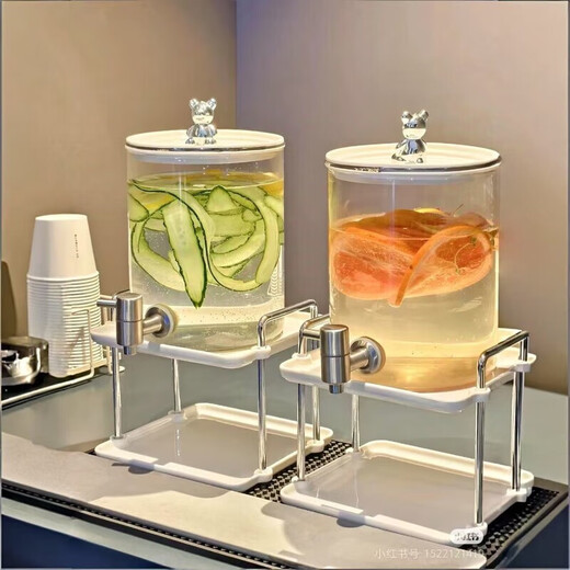 Atour Hotel same style glass cold kettle with faucet kettle large capacity household fruit tea beverage bucket 3.6L silver juice bucket + ceramic shelf