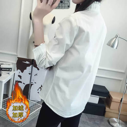 Plush white shirt for women, autumn and winter Korean style loose cotton stand-up collar shirt, warm inner layer, thickened base shirt H68 white M