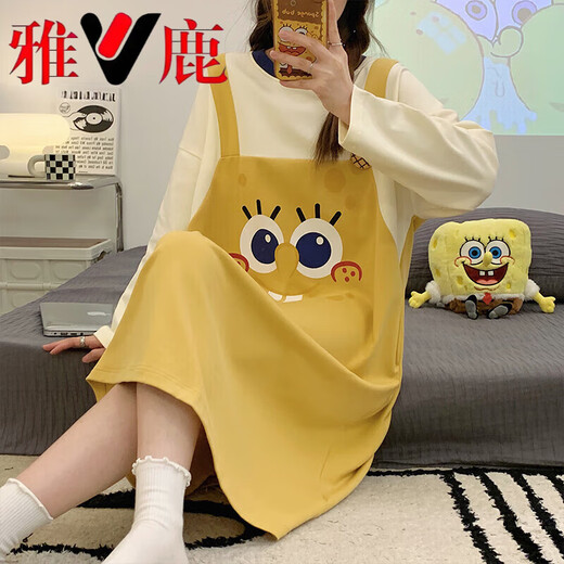 Yalu Groud Pad Nightgown для женщин чистые хлопковые длинные рукава милый принцесса в Интернете знаменитость большого размера пижамы свободно 2025 г. Новая весна и осень CK-16853 м [без грудью]