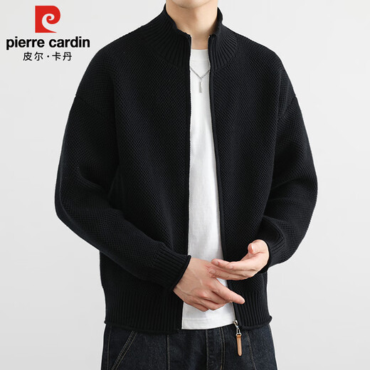 Pierre Cardin sweater men's autumn and winter trendy high-end cardigan jacket men's casual stand-up collar sweater men's black XL