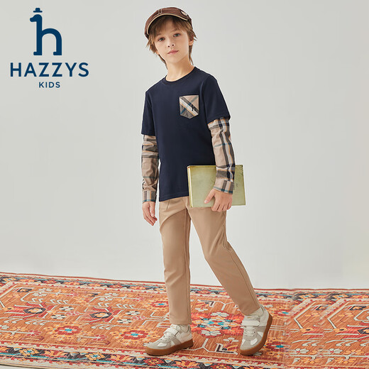 HAZZYS children's clothing boys' crew neck shirt autumn new pique stitching long-sleeved T-shirt navy 165