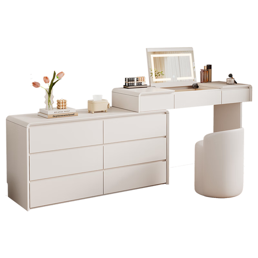 Shuchuan Cream Style Dressing Table Flip Drawer Cabinet Integrated Dressing Table Bedroom Retractable Bedside Storage Cabinet Solid Wood Dressing Table Cream White Flip Cover Dressing Table + Six Drawer Cabinet + Cat Claw Chair ENF Level Door-to-Door Package Installation
