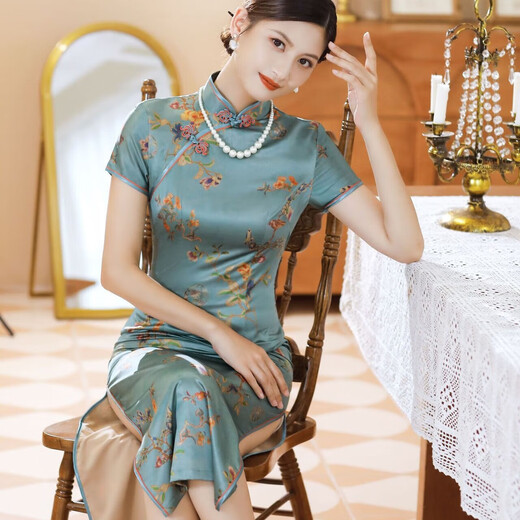 New Chinese style ink painting improved daily wearable cheongsam for young girls short-sleeved slim long dress dark green 2XL (125-135Jin Jin equals 0.5kg)
