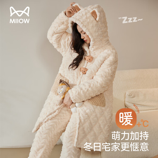 猫人女士睡衣女秋冬季三层夹棉珊瑚绒睡袍加绒加厚高端家居服2025新品