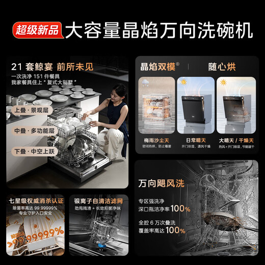 Midea Xiaoximei GX1200Max 21 sets of built-in crystal flame dishwashers, universal hurricane wash 105, thermal drying + automatic opening and closing of the door, first-level quick drying, the same style as the store