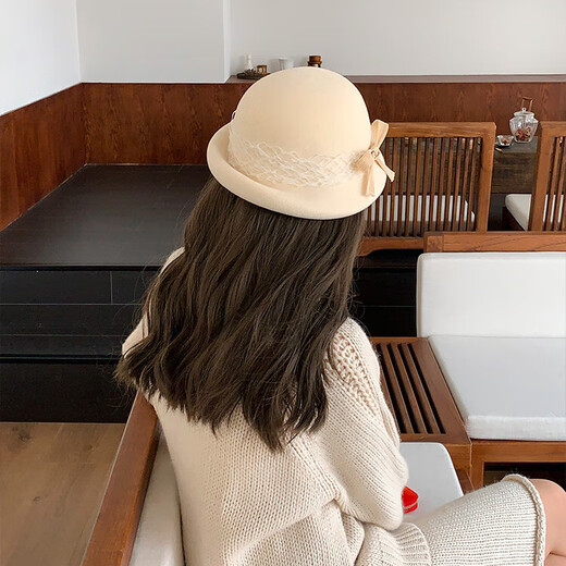 Woodpecker hat autumn and winter lace wool beret women's high-end French daughter's hat Hepburn retro basin hat off-white adjustable