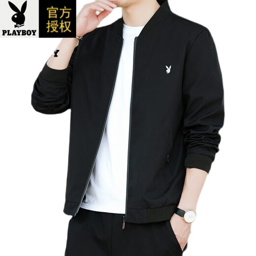 Playboy (PLAYBOY) pure cotton jacket men's spring and autumn casual thin breathable baseball uniform versatile slim top middle-aged men's jacket 2030 black (spring and autumn) 2XL 135-150Jin Jin equals 0.5 kg