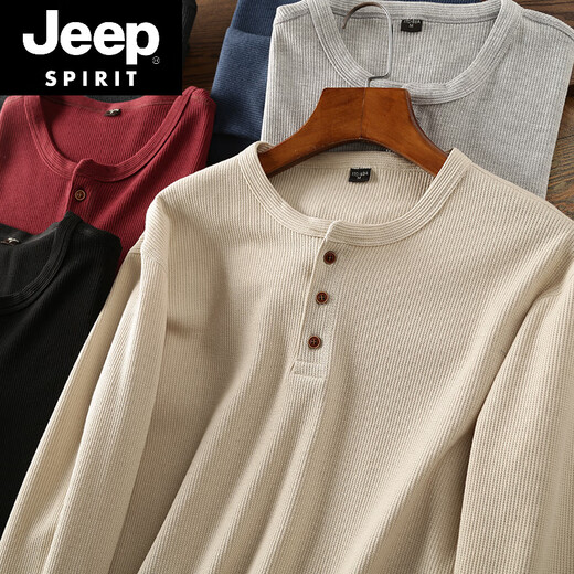 JEEP SPIRIT Jeep waffle Henry collar men's solid color loose knitted collar button-down shirt casual spring and autumn long-sleeved new product light gray XS (100-115Jin Jin equals 0.5kg)