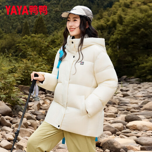 YAYA children's down jacket 2025 winter new style for boys and girls parent-child wear hooded bread coat thick short down jacket oatmeal color 120