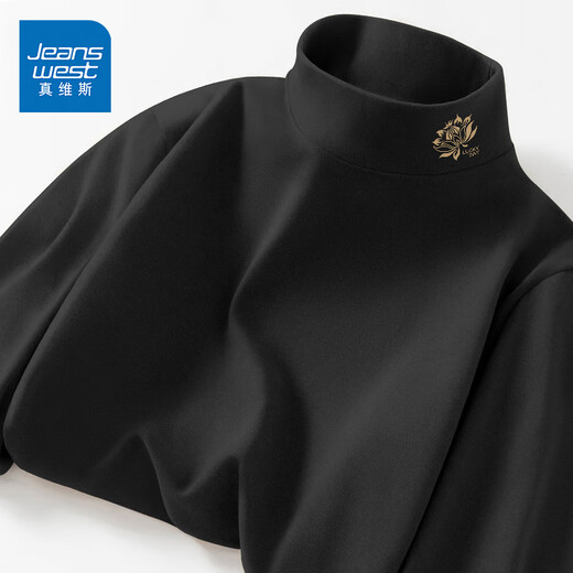 Jeanswest double-sided velvet bottoming shirt for men in autumn and winter, long-sleeved T-shirt for men, warm inner top, plus velvet half turtleneck, autumn coat for men, black Little Lotus_K_Left collar corner XL