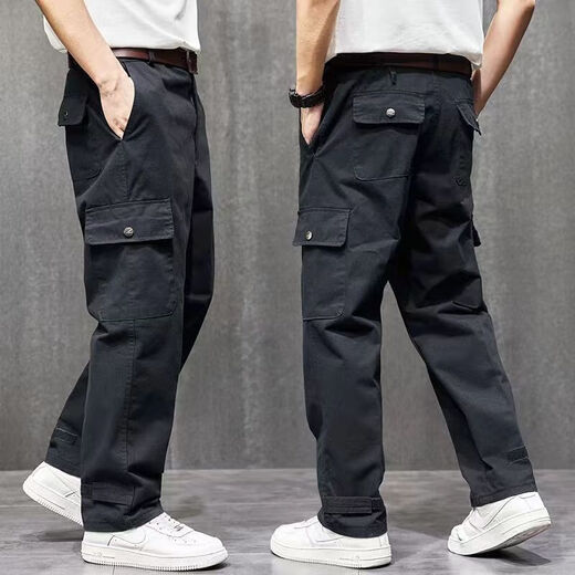 Work overalls pants, straight-leg loose wear-resistant trousers, cotton casual overalls, men's welder labor protection pants, 6-pocket overalls, military green + navy blue two-pack 2XL 180 Recommended 140-160 Jin Jin equals 0.5 kg