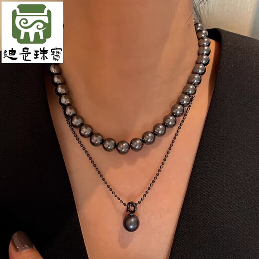 Di is a quality Chinese Valentine's Day gift quality black pearl pendant, single true hemp gray Tahitian black pearl necklace, Tahitian black 10mm stacking set