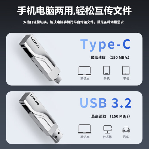 Lenovo 64GB U disk Type-C dual interface plug-in mobile phone U disk large capacity USB3.2 high-speed double-headed metal U disk car learning computer office business USB flash drive X5U-green