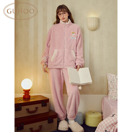 Gukoo Pajamas Women's Winter Shark Cat Plush Soft, Comfortable and Warm Stand-up Collar Women's Home Clothes Suit Can Be Weared D Gouache Suit M