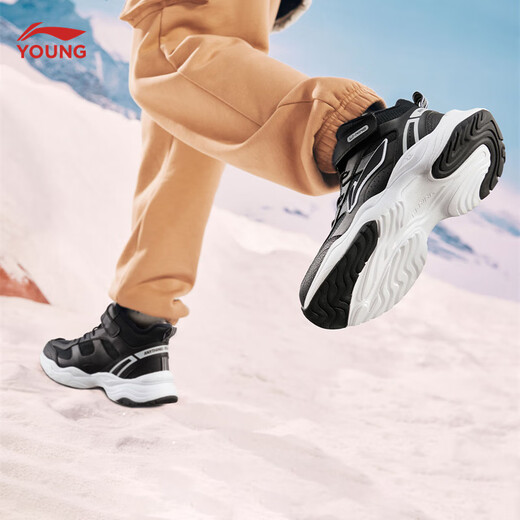 Li Ning children's shoes, children's cotton shoes, sports shoes, men's and women's, velvet, reflective, water-repellent, mid-top casual shoes, YKCU224, velvet, black-9 36