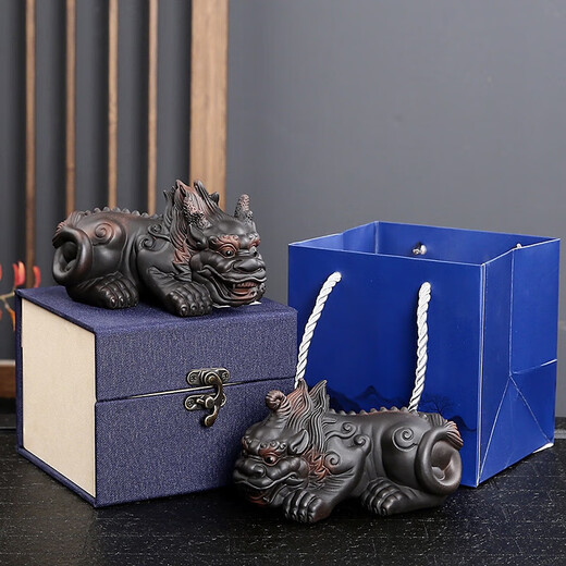Zhizhou Purple Pottery Pixiu tea pet ornaments pair can be raised handmade Overlord tea table tea table tea accessories gift box set Purple pottery Overlord Pixiu pair (fire cloud + unicorn)
