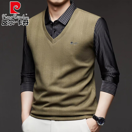 皮尔卡丹（pierre cardin）高档假两件男士长袖t恤2025年秋季新款潮流上衣商务休闲打底衫男 Z9758灰色 4XL 130【171-200】