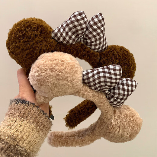 Miao Yijia Sweet Bow Cute Bear Ears Plush Headband Women's Winter Face Wash Makeup Hairband Brown Hairband Trendy Bow Bear Hairband Khaki