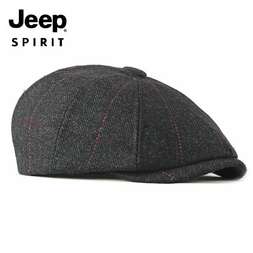 JEEP middle-aged and elderly beret men's British retro woolen peaked cap autumn and winter new octagonal hat casual painter hat black M adjustable 55-60c