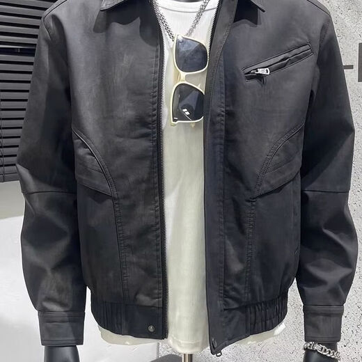 American retro distressed leather jacket men's autumn new high-end handsome motorcycle lapel pu leather jacket black L L recommended 100-115 Jin Jin equals 0.5 kg