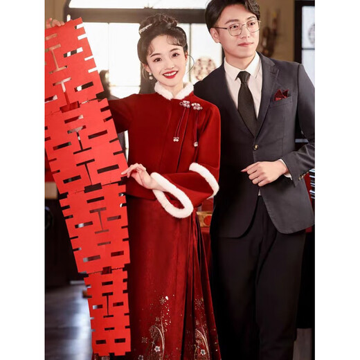 Woodpecker red horse-faced skirt toasting suit bride Chinese wedding dress engagement suit women's autumn and winter new wedding dress skirt (jacket + skirt) suit XL