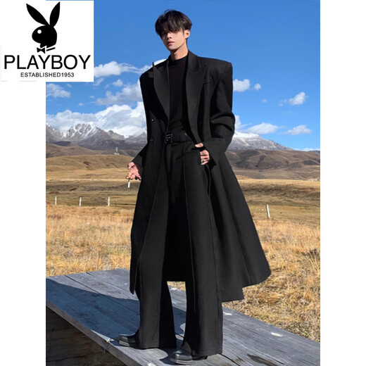 Playboy (PLAYBOY) black woolen coat men's mid-length autumn and winter British style windbreaker cleanfit Korean woolen coat black upgraded version XL