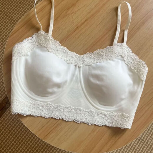 Seamless lace underwear for women, thin, large breasts, small breasts, tube top, suspender straps, no rims, nude feel, anti-exposure bra, milky white (single piece) M (34/75ABC)