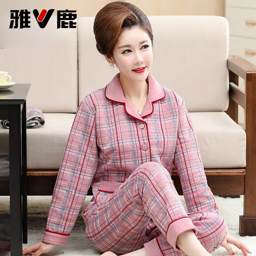 Yalu high-end mother long-sleeved pure cotton pajamas set for autumn middle-aged and elderly women in winter plus fat plus large size thin cotton interlayer 12122 M [80-100Jin [Jin equals 0.5 kg]]