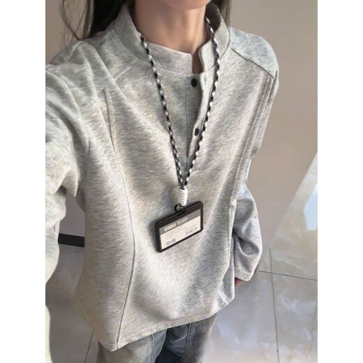 Xinyoujie American Henry collar polo shirt sweatshirt for men and women in autumn deconstructed splicing long-sleeved T-shirt cleanfit right shoulder top Gray M