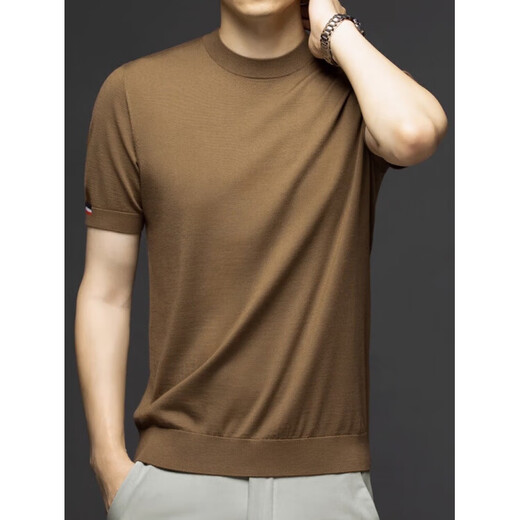 XJSGS high-end brand men's short-sleeved cardigan international luxury worsted knitted sweater autumn and winter men's inner layering shirt high-end bright brown spot XL