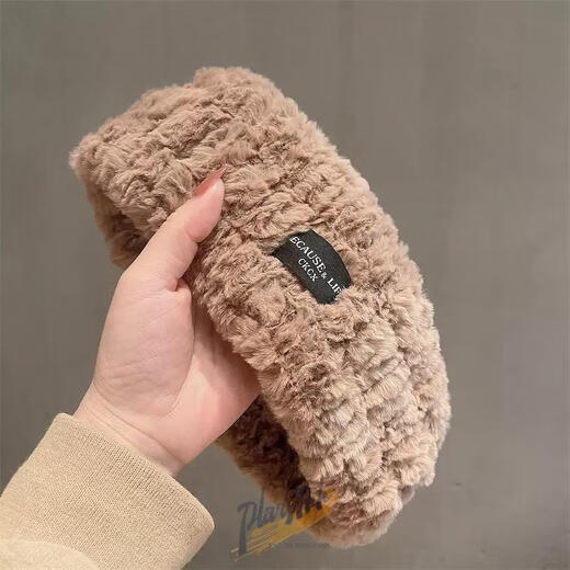 Biyun Autumn and Winter 2025 New Rabbit Fur Hairband for Women's forehead to keep warm during postpartum period, plus velvet and thickened wide-brimmed hairband, khaki color, trendy and warm, 56-58cm